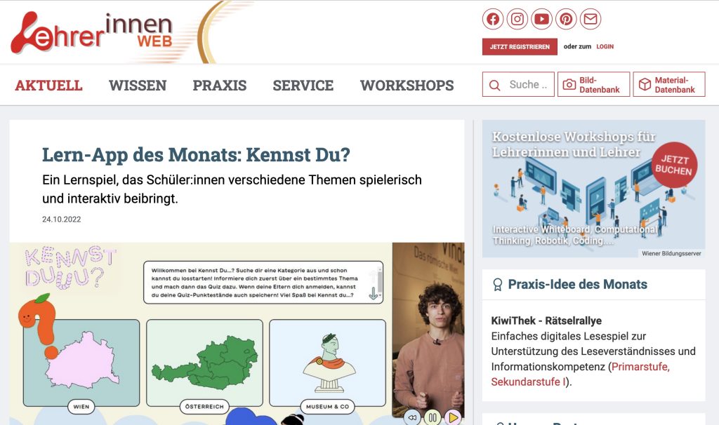 Screenshot des Lernapp-Tests von Kennst Duuu auf Lehrerweb.at