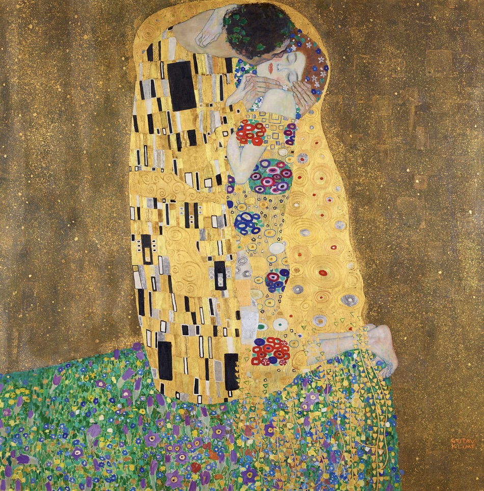 Zu sehen ist das Gemälde "Der Kuss" von Gustav Klimt